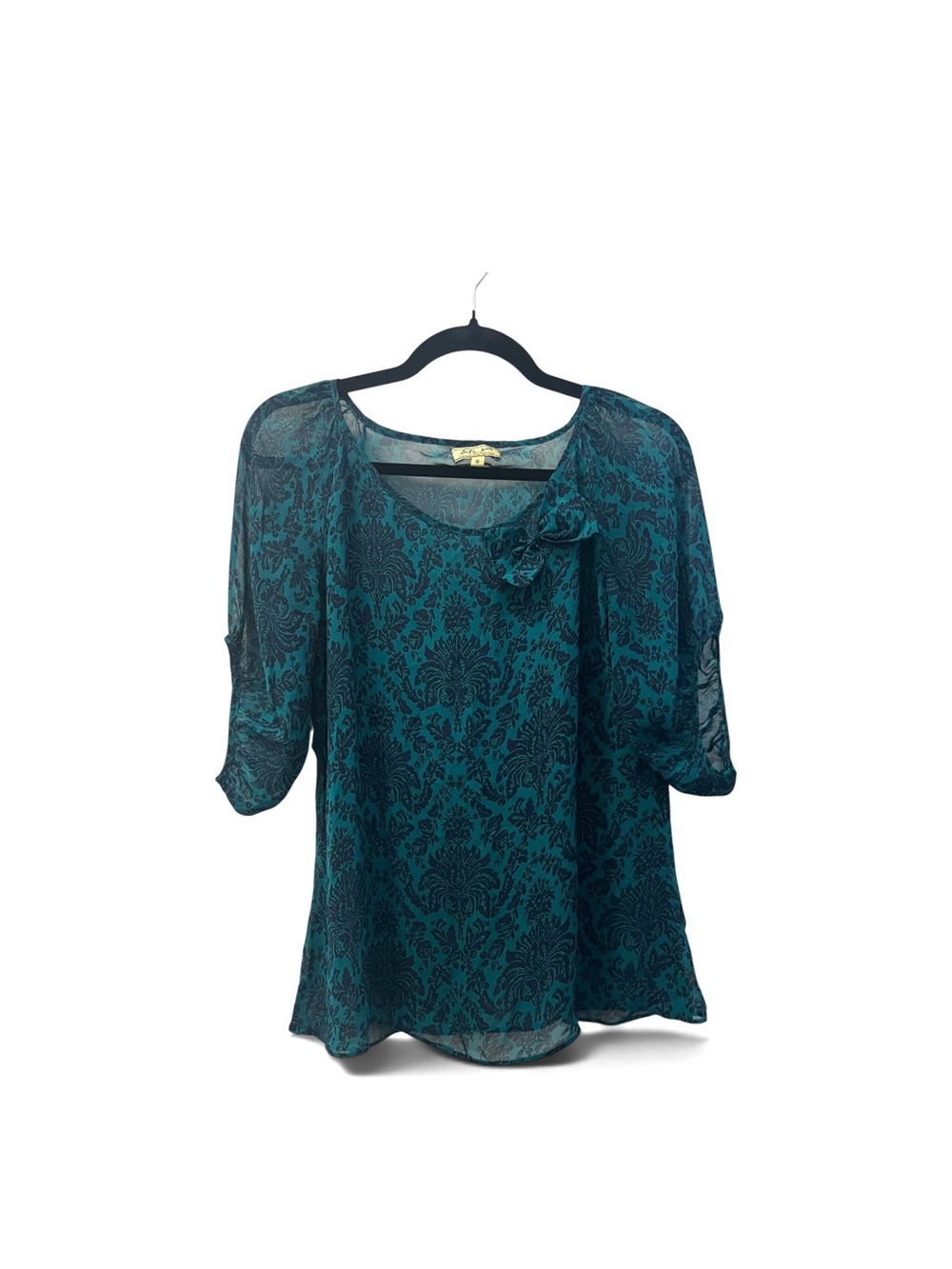 Sifa Fashion 100% Silk Damask Teal Black Floral Semi-Sheer Blouse w/ Bow Size 8
